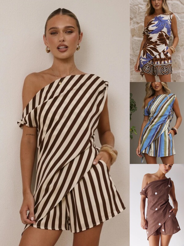 2026 Cross-Border European and American Independent Website Summer New Style Printed One-Shoulder Personalized Casual Top and Loose Shorts Set 2026 Cross-Border European and American Independent Website Summer New Style Printed One-Shoulder Personalized Casual Top and Loose Shorts Set