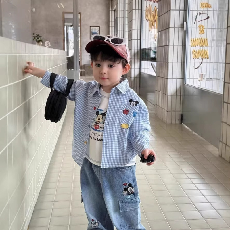 Boys' Outfit 2026 Spring New Mickey Plaid Long-Sleeve Shirt Baby Cartoon Casual Denim Pants Trendy Cool