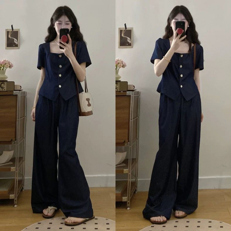 大きいサイズの夏服、年齢を軽減する服、太った女性のためのデニムトップス、ドレープワイドレッグパンツ、人気のスーツの完全なセット|undefined