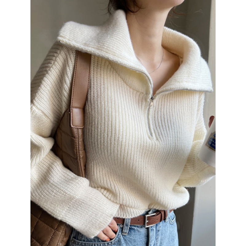 2024 New Autumn and Winter Style Lazy Style Lapel Pure Color Soft Waxy Loose Threaded Pullover Knitwear Women's Knitwear Top Trendy