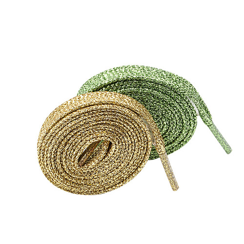 Wholesale iridescent shiny shoelaces with gold and silver sparkling threads, white and black color rainbow, flat double-layer cross-border