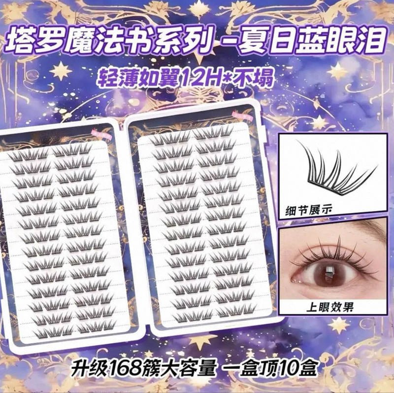 夏日蓝眼泪28排大容量免胶假睫毛单簇卷翘小薄片漫画梦幻上眼睫毛|undefined