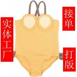 国货亲子运动套装儿童女童蝴蝶结柠檬黄克莱因蓝泳衣实体泳装工厂