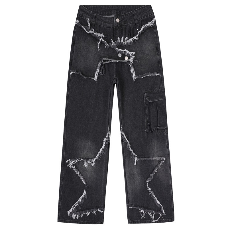 American Street Style Star Patchwork Distressed Washed Jeans for Men, Hip-Hop Loose Straight Wide-Leg Cargo Pants Trendy