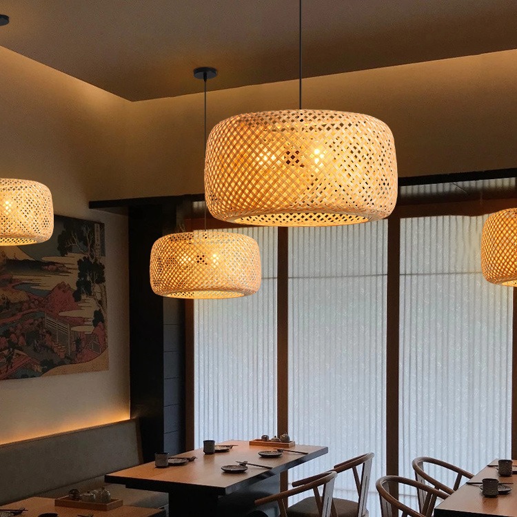Estilo chino de bambú araña de bambú pantalla Zen olla caliente restaurante lámpara de estilo japonés dormitorio B & B lámparas tejidas a mano
