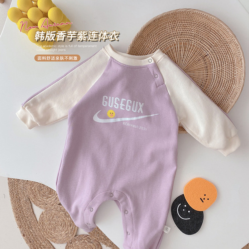 Baby contrasting color jumpsuit 0-2 years old spring clothing baby girl duck letter print crawl suit newborn clothes ML365