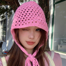 日系手工编织毛线帽学生少女ins风甜美可爱手钩镂空针织包头帽子