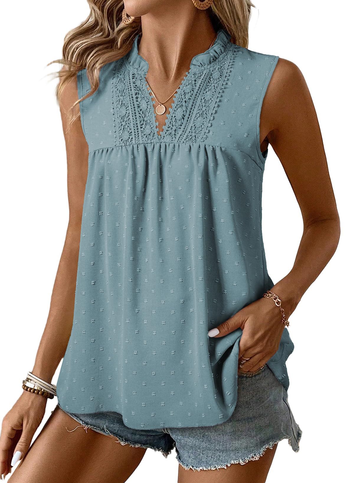 Women's Swiss Dot Lace Trim Sleeveless V-Neck Blouse, Relaxed Fit Breathable Top For Casual & Office Wear_ecoleips.com