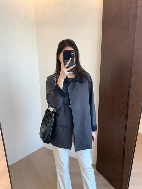 客供面料立裁挺括有筋骨撞色单排扣翻领落肩袖日系工装休闲风衣女|undefined