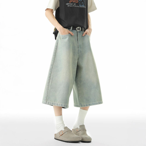 American Washed Denim Short Shorts for Men Summer 2025 Trend Brand Loose Casual Straight Leg Slim-Fit Seven-Eighth Pants