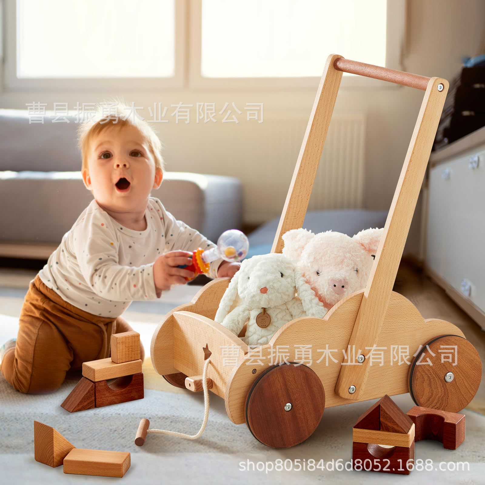 Cross Border Wooden Baby Trolley Wooden Children's Walkers Infant Learning Trolley Wooden Toy Car