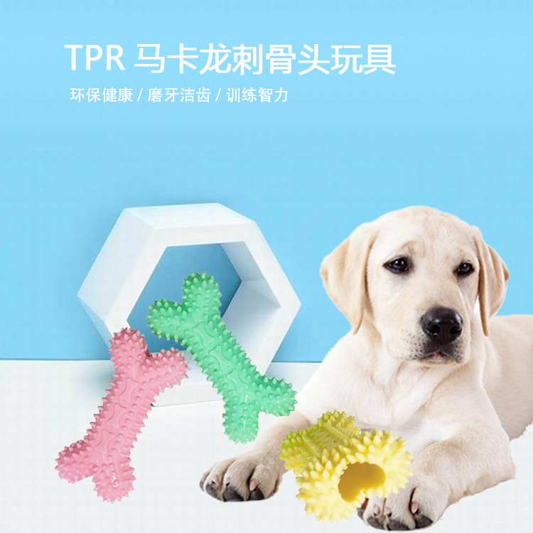 Fábrica al por mayor juguete para mascotas juguete mordedura de perro TPR material macaron perro diente molar limpieza cabeza de hueso juguete