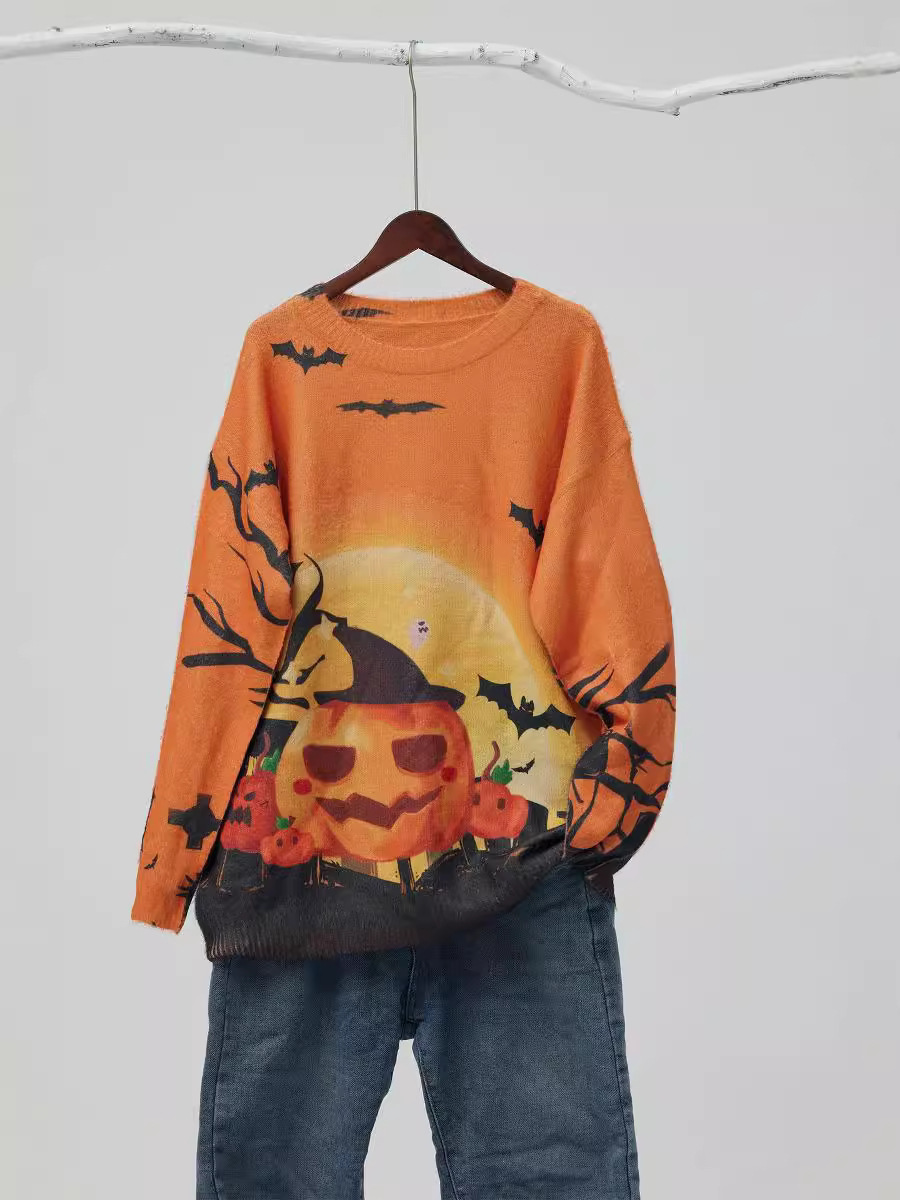 Women's Halloween Crewneck Pumpkin Ghost Long Sleeve Pullover Top Casual Retro Oversized Grave Ghost Pullover Sweater
