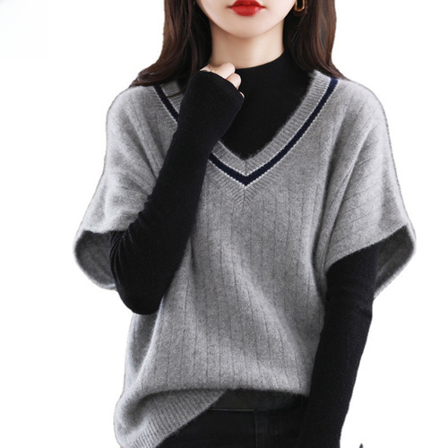 Women's knitted vest 2023 spring and autumn new style V-neck color-blocking bottoming vest bat-sleeve loose and versatile knitted sweater