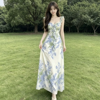 清新荷叶边碎花裙法式风少女2026夏季复古绿薄荷曼波度假风大摆裙