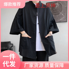襟のシャツの道着の上着の男性の夏の亜麻の半袖の唐の服の7分の新しい中国式の国風の紳士服の上着