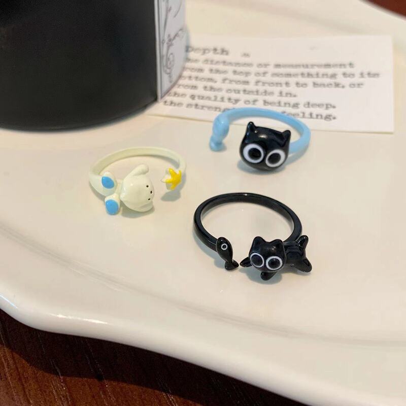 Little Red Book's Same Style Funny Black Kitten Small Black Open Ring Niche Cute Student Versatile Couple Ring