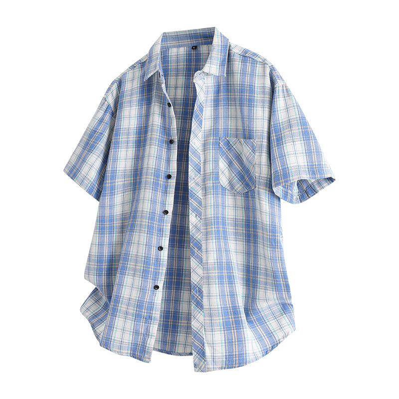 Cross-Border Korean Style Lapel Plaid Shirt Youth Trendy Brand Casual Cardigan Short-Sleeved Shirt Men's Summer Shirt Trendy