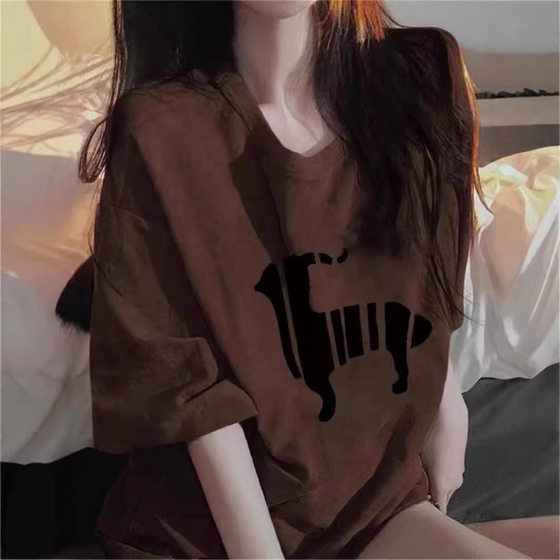 Pure Cotton Lamb Shoulder Short-Sleeved T-Shirt Women's Summer Loose Slimming Design Sense Niche Hong Kong Flavor chicA Top Printing