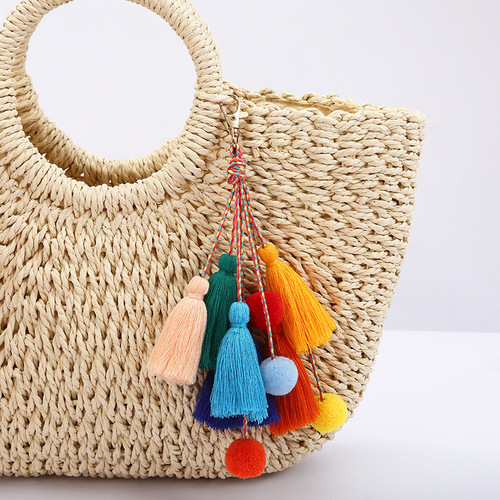 Cross-border colorful bag ornaments handmade braided DIY handicraft bohemian hair ball tassel keychain pendant