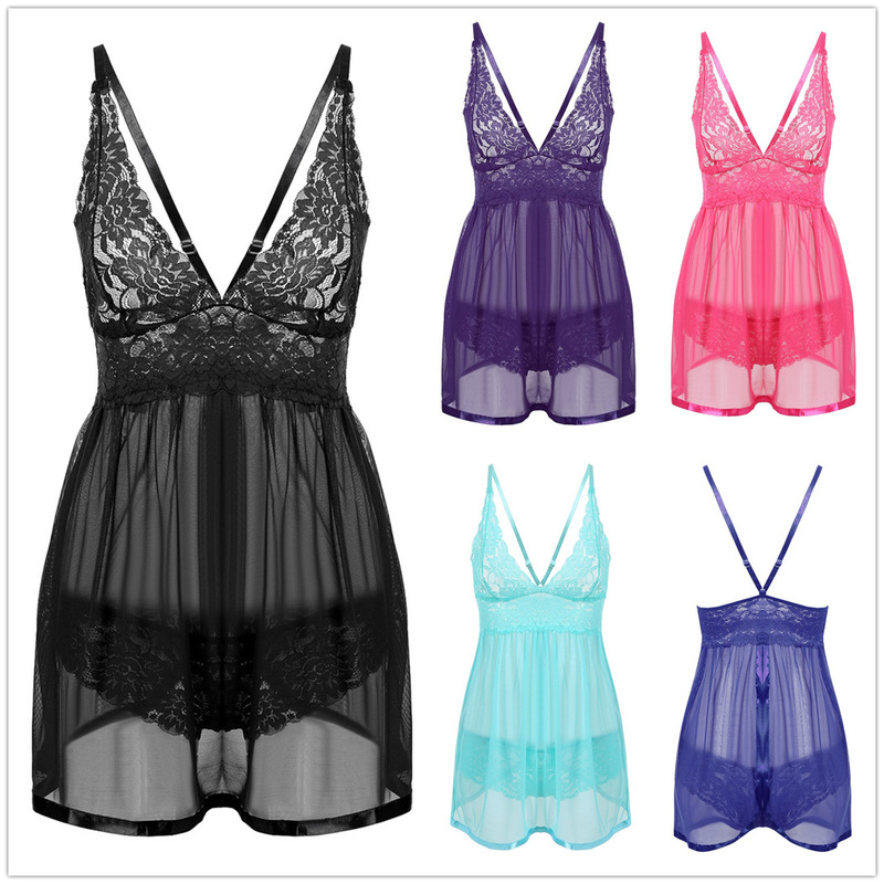 Sexy lingerie home wear European and American Deep V lace back cardigan nightdress hip-exposed see-through pajamas mesh skirt in stock