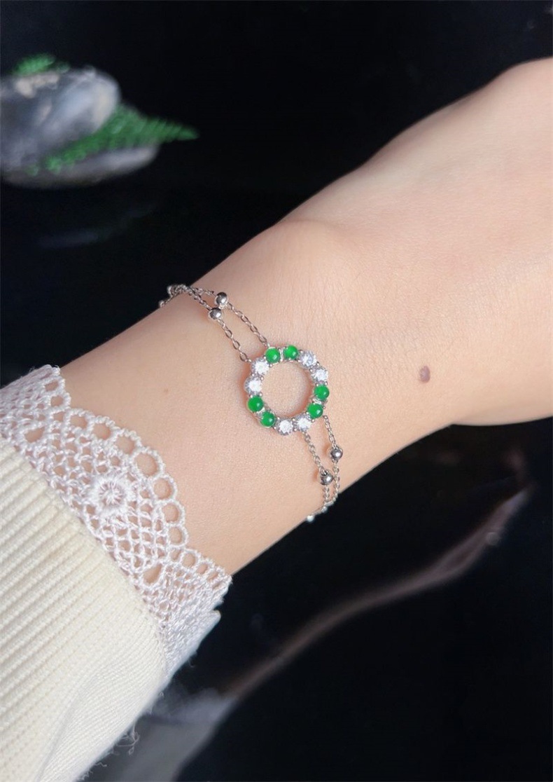 Vòng tay đá ngọc bích tự nhiên A hàng băng chủng mặt trứng cắt S925 bạc xi mạ vàng họa tiết hồ lô chi tiết 36