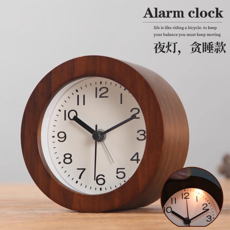 Tqj Solid Wood Night Light Snooze Small Alarm Clock Bedside Clock Student Silent Desktop Fashion Countertop Clock Table Clock