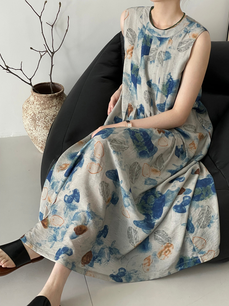 タオカワレトロ新中国風インク汚れバックレースアッププリーツプリントノースリーブベストドレス女性のための 2572