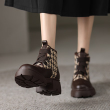尚絲    法式復古~小個子厚底拼色馬丁靴女2022系帶短靴子