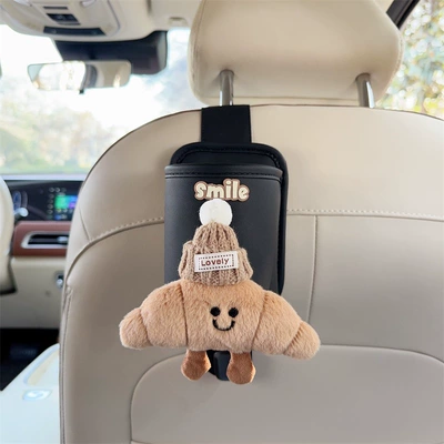 for women — Car cup holder/beverage holder - black-leather-cup-holder-with-hook-croissant-brown-hat
