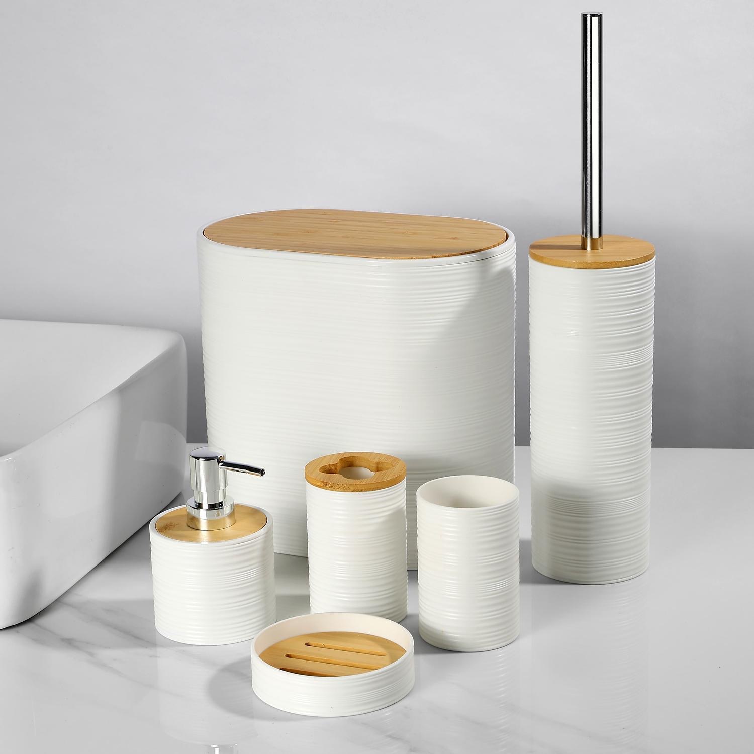 Juego de Accesorios de Baño Set de 6 Piezas de Plástico PP y Bambú para Baño
