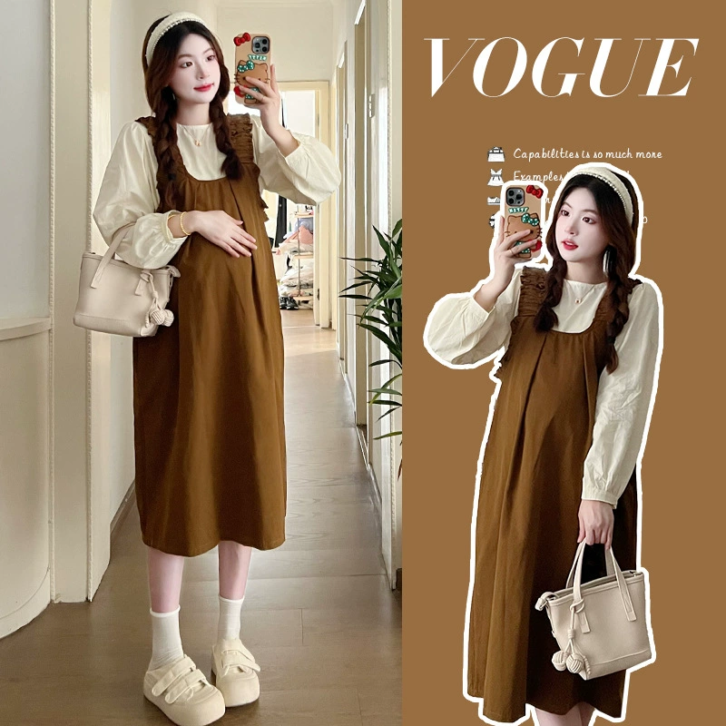 Реальный выстрел в наличии 2023 Осенняя Свободная рубашка с круглым вырезом и длинными рукавами с юбкой на ремешке Корейское платье для беременных из двух частей