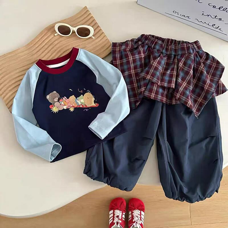 女童套装秋装新款洋气儿童T恤格子屁帘裤早秋衣服休闲两件套31020|undefined