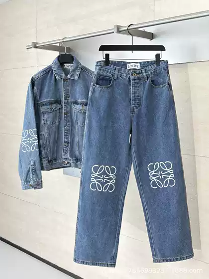 Autumn and Winter New Style Loe Same Style High Waist Cut Out Patch Embroidered Logo Decoration Casual Dark Blue Straight Denim Pants