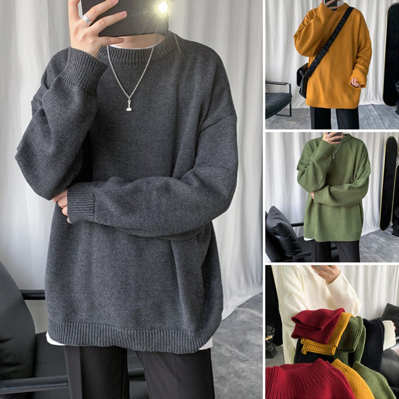 Solid Color Sweater for Men, Hong Kong Style, Loose Round Neck, Pullover Knitwear, Export Couple's Sweater, Long Sleeve, Loose Fit