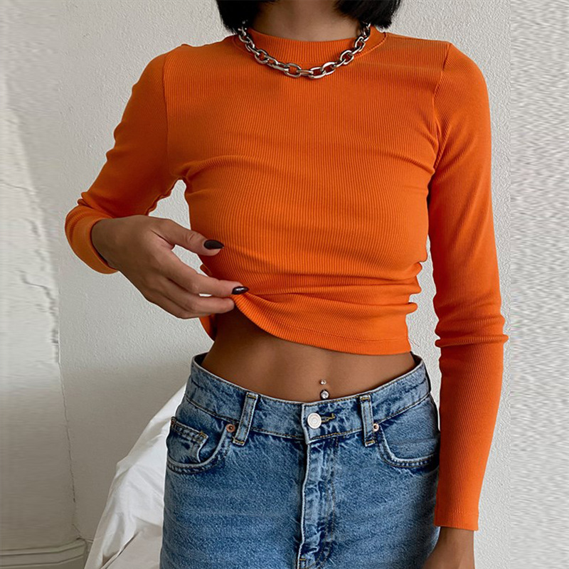 Women's Ribbed Long Sleeve T-shirt Round Neck Solid Colour Top_voghion.com