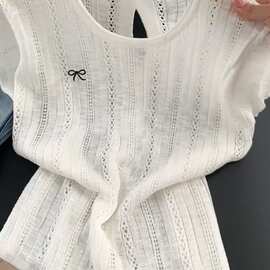 法式圆领后背排扣镂空短袖针织衫女夏季新款时尚洋气露背恤上衣