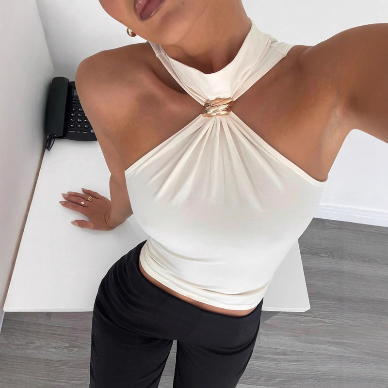 Cross-Border 2025 Spring and Summer Women's High-Neck Metal Ring Sleeveless Off-Shoulder Stretch Vest
