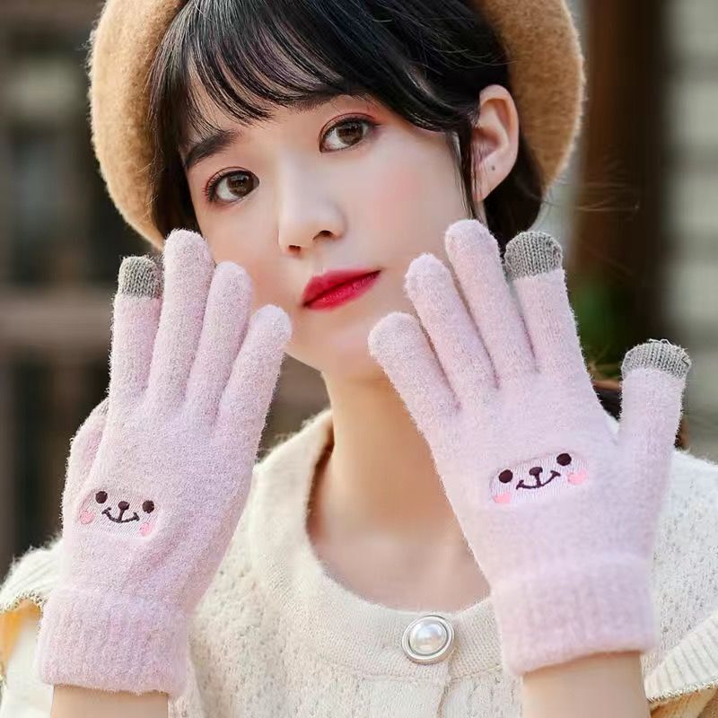 手袋秋冬女性保温学生韓国版かわいいベルベット厚手自転車五本指防寒タッチできる綿手袋|undefined