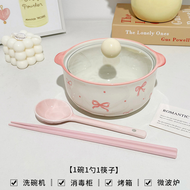 Tazón de fideos cerámicos de alto valor facial bajo esmalte de color doméstico dormitorio de estudiantes con taza de polvo de caracol con cubierta de gran capacidad de taza de fideos de orejas