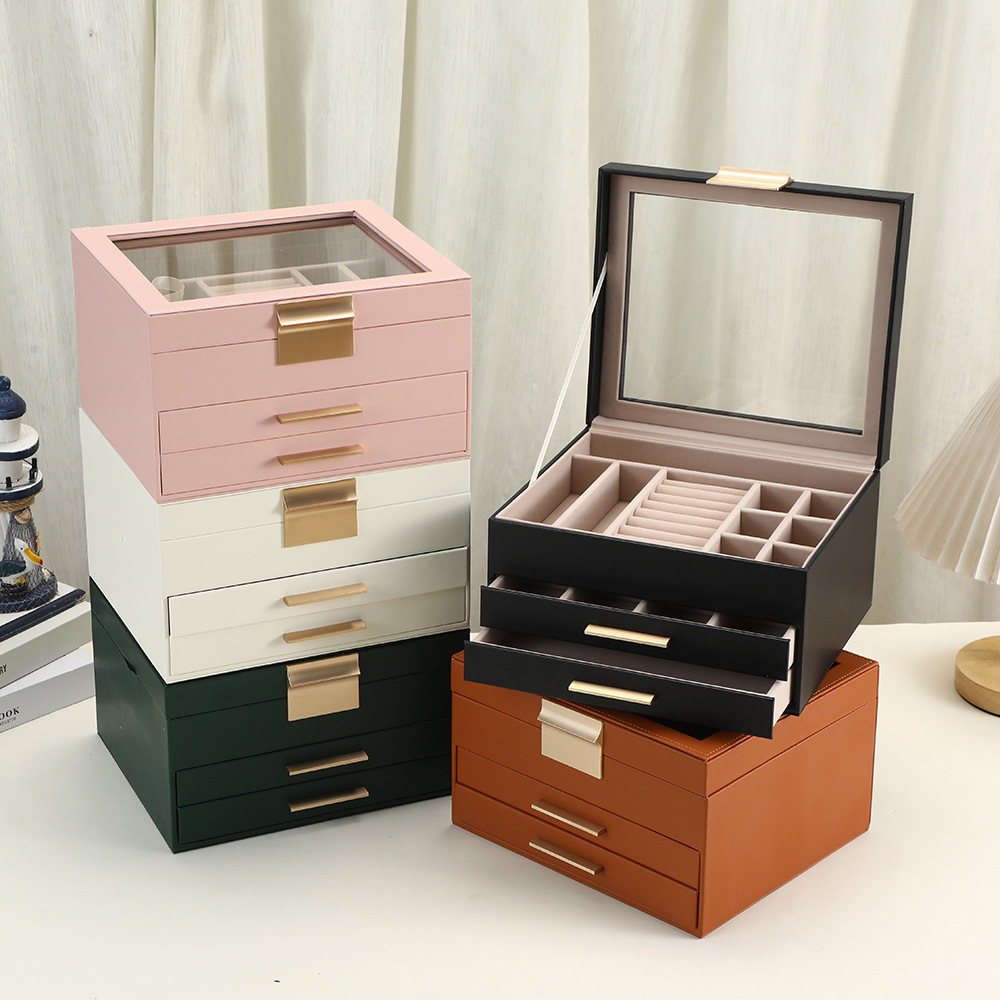 Cross-Border Pu Window-Opening Three-Layer Jewelry Storage Box Multi-Layer Drawer-Type Jewelry Box Large-Capacity Ring Necklace Jewelry Box