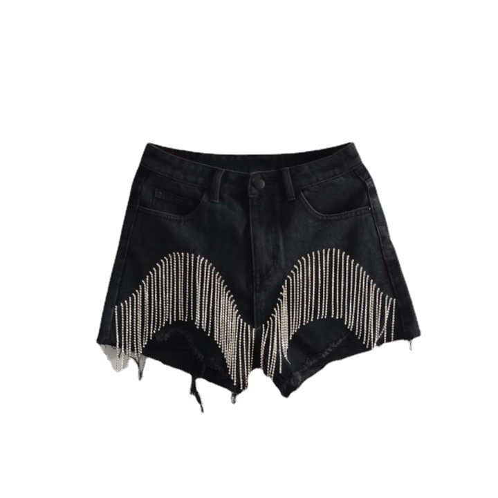 Damjeanshorts Sommarnytt genombrott med hög midja, strass, tofsar och kedjor, smal passform, raka shorts_voghion.com