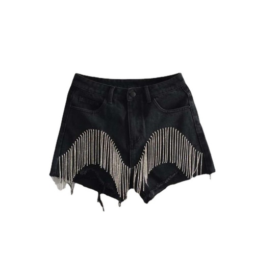 European summer new style ripped high waist rhinestone tassel chain slimming straight denim shorts for women