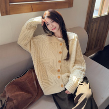 秋冬韩版宽松慵懒娃娃领单排扣麻花加厚针织衫羊毛混坊毛衣外套女