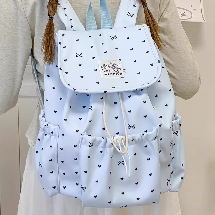 Bow-Knot Polka-Dot Drawstring Backpack for Women, College Style, Commuter School Bag, Niche Casual Travel Backpack