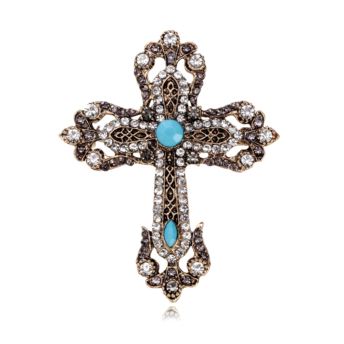 European and American Retro Turquoise Cross Brooch Baroque High-End Men's and Women's Suit Shirt Corsage Jewelry Pin