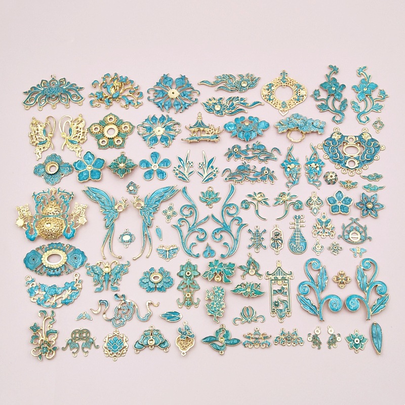 合金仿点翠烧蓝大合集发饰配件材料 diy古风景泰蓝发簪头饰饰品