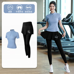 夏季薄款跑步運動套裝女短袖半拉鏈健身服顯瘦速乾衣