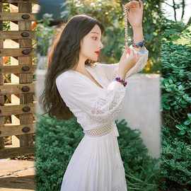 跨境货源穿搭尚品气质法式白色仙女裙夏v领泡泡袖连衣裙厂家直供