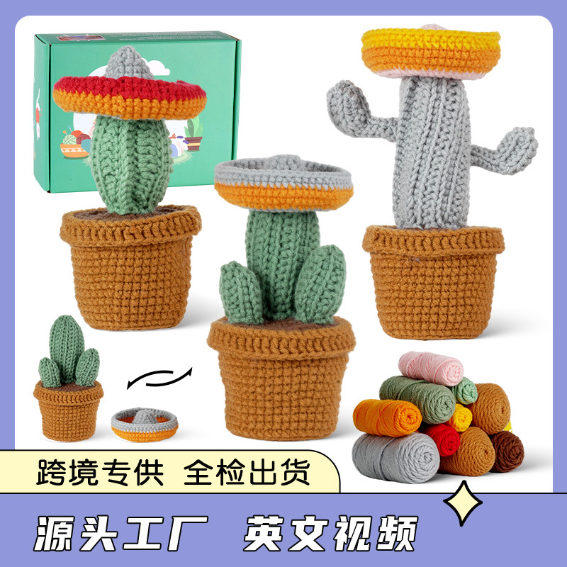 外贸亚马逊钩针套件crochet kit材料包玩偶西部牛仔盆栽手工diy编